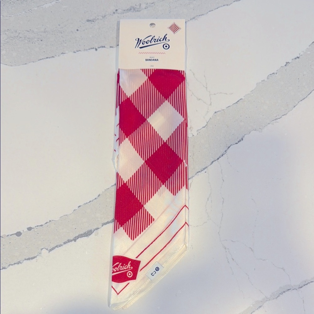 NWT Woolrich x Target silky bandanna, red and white check. Limited drop.